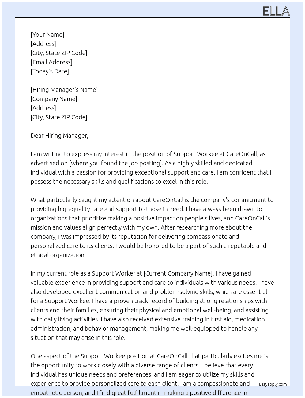Support Workee At CareOnCall Cover Letter