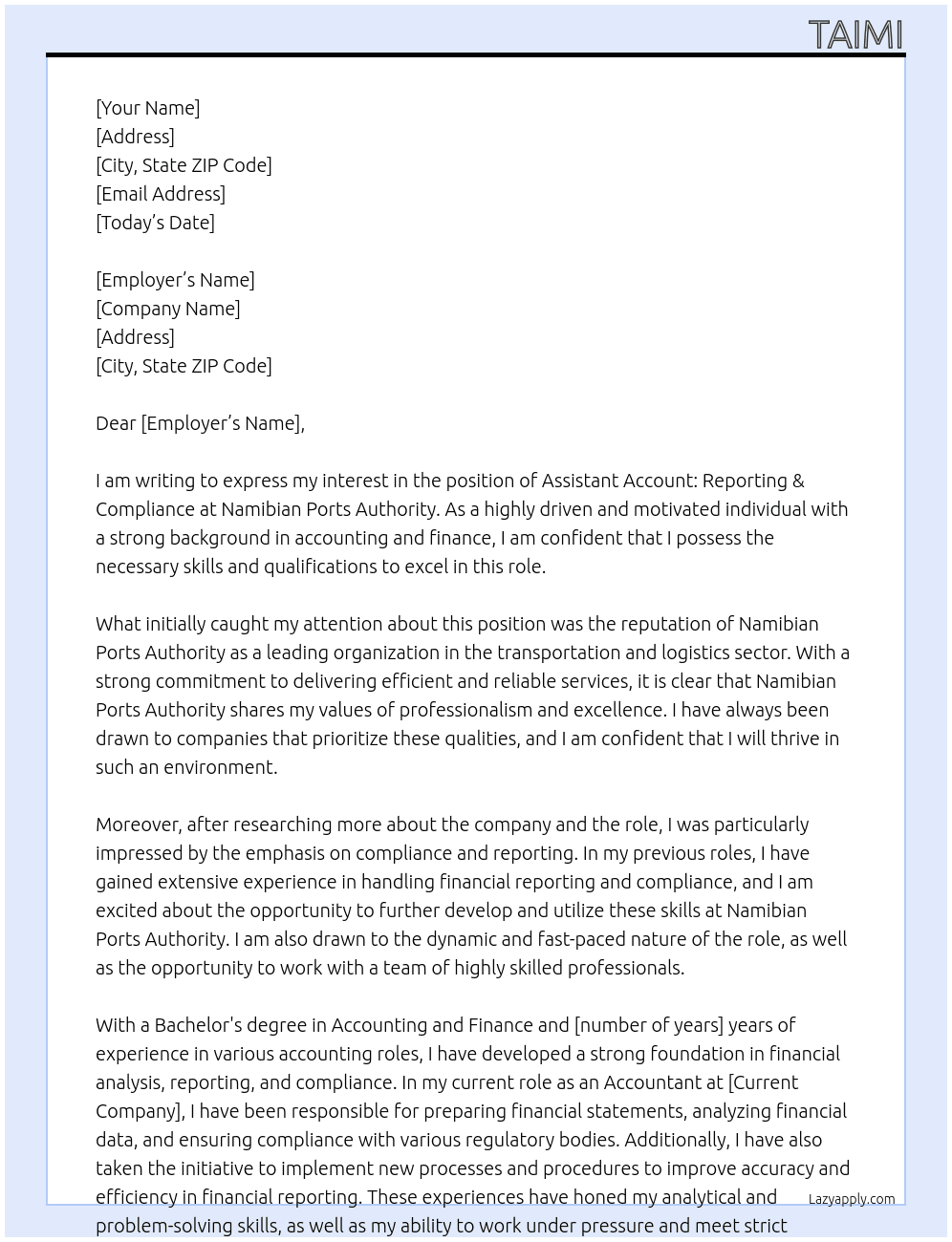 ASSISTANT ACCOUNT: REPORTING & COMPLIANCE  At Namibian Ports Authority  Cover Letter