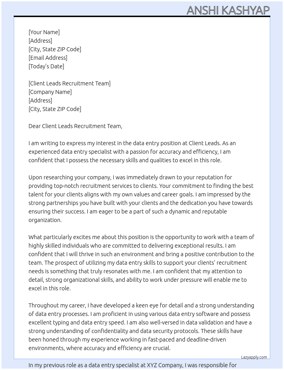 data entry At Recruitment- Client Leads Cover Letter
