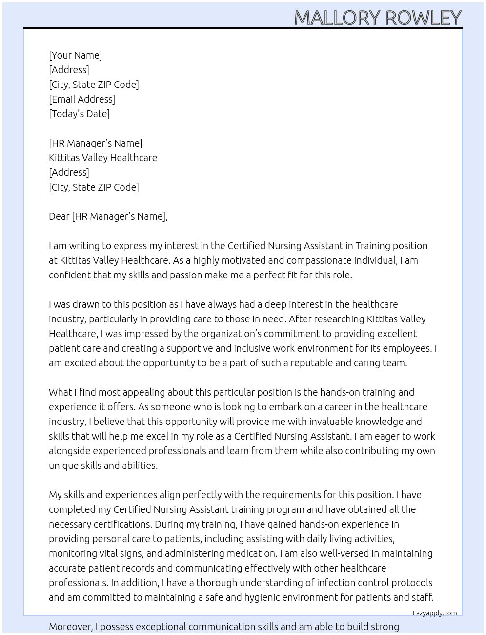 Certified Nursing Assistant in Training At Kittitas Valley Healthcare Cover Letter