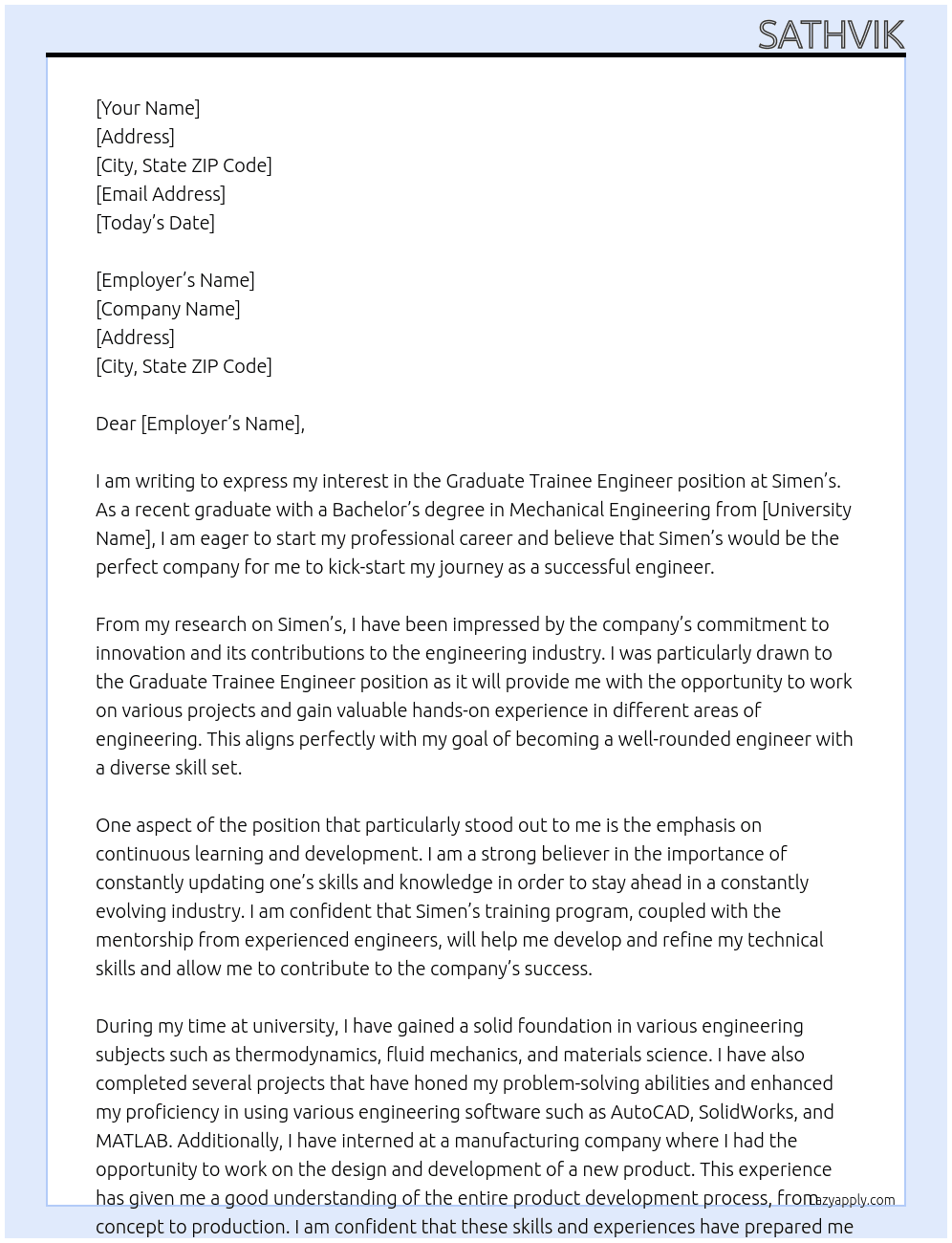 Graduate Trainee Engineer  At Simen's Cover Letter