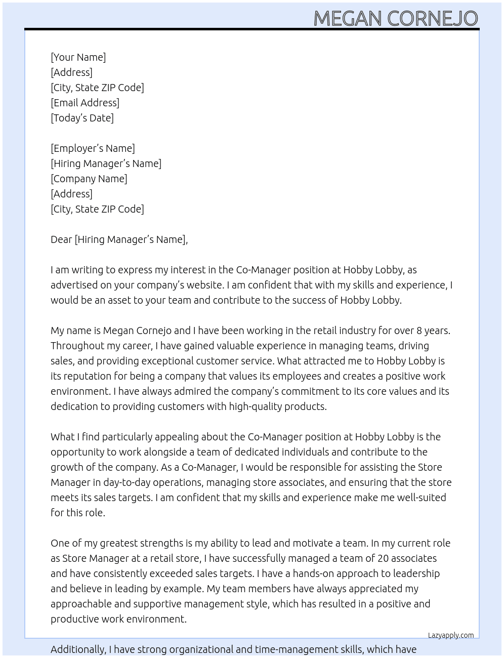 co manager  At Hobby Lobby Cover Letter