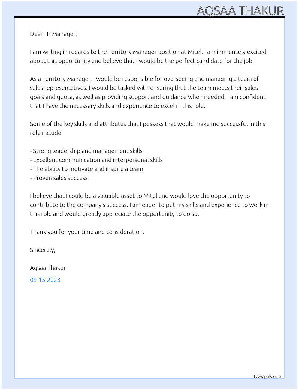 Territory Manger At Mitel Cover Letter