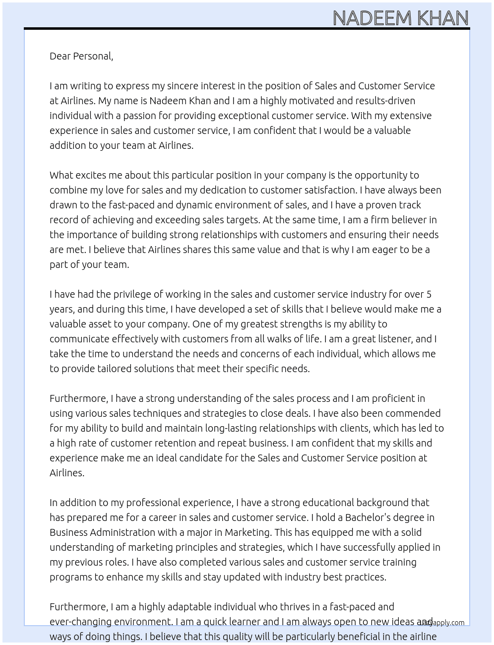 SALES AND CUSTOMER SERVICE At AIRLINES Cover Letter