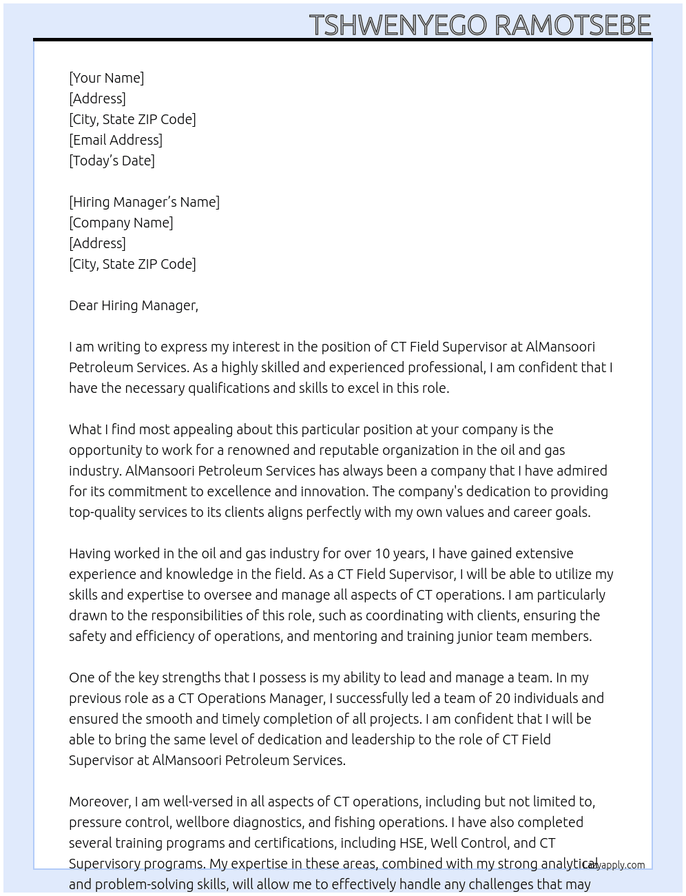 CT Field Supervisor At AlMansoori Petroleum Services Cover Letter