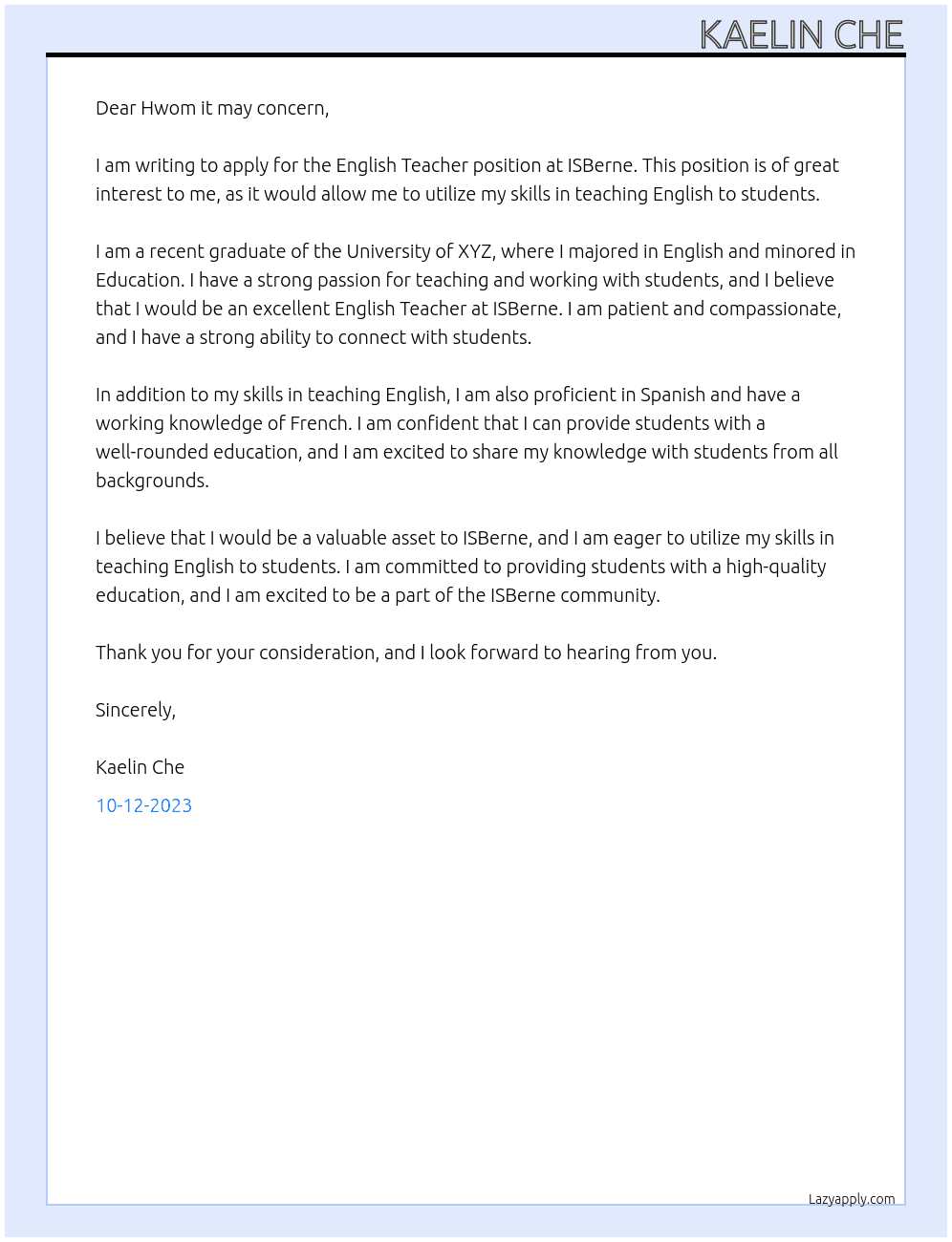 English Teacher At ISBerne Cover Letter