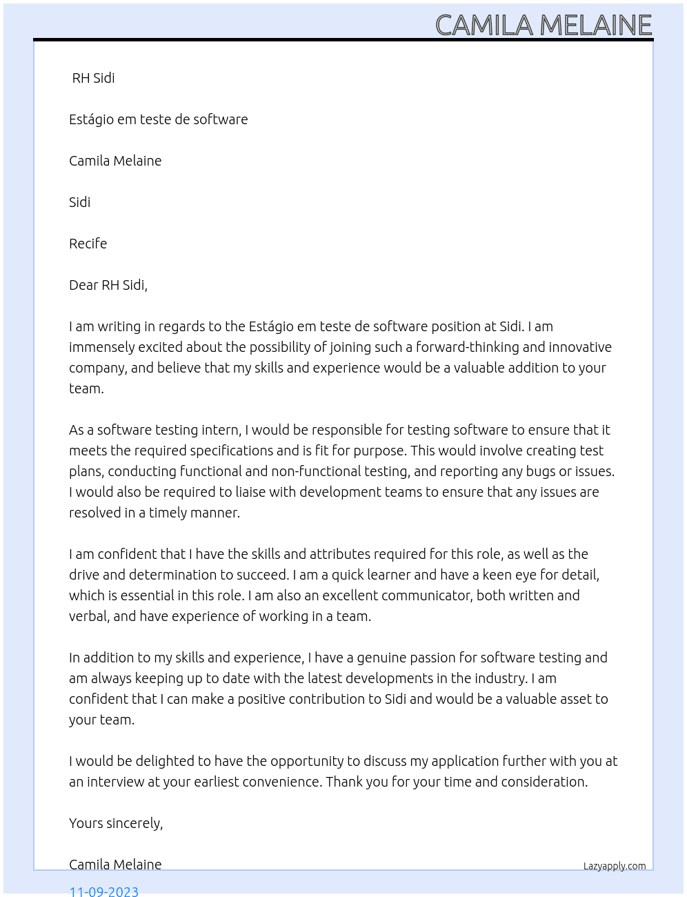 Estágio em teste de software At Sidi Cover Letter