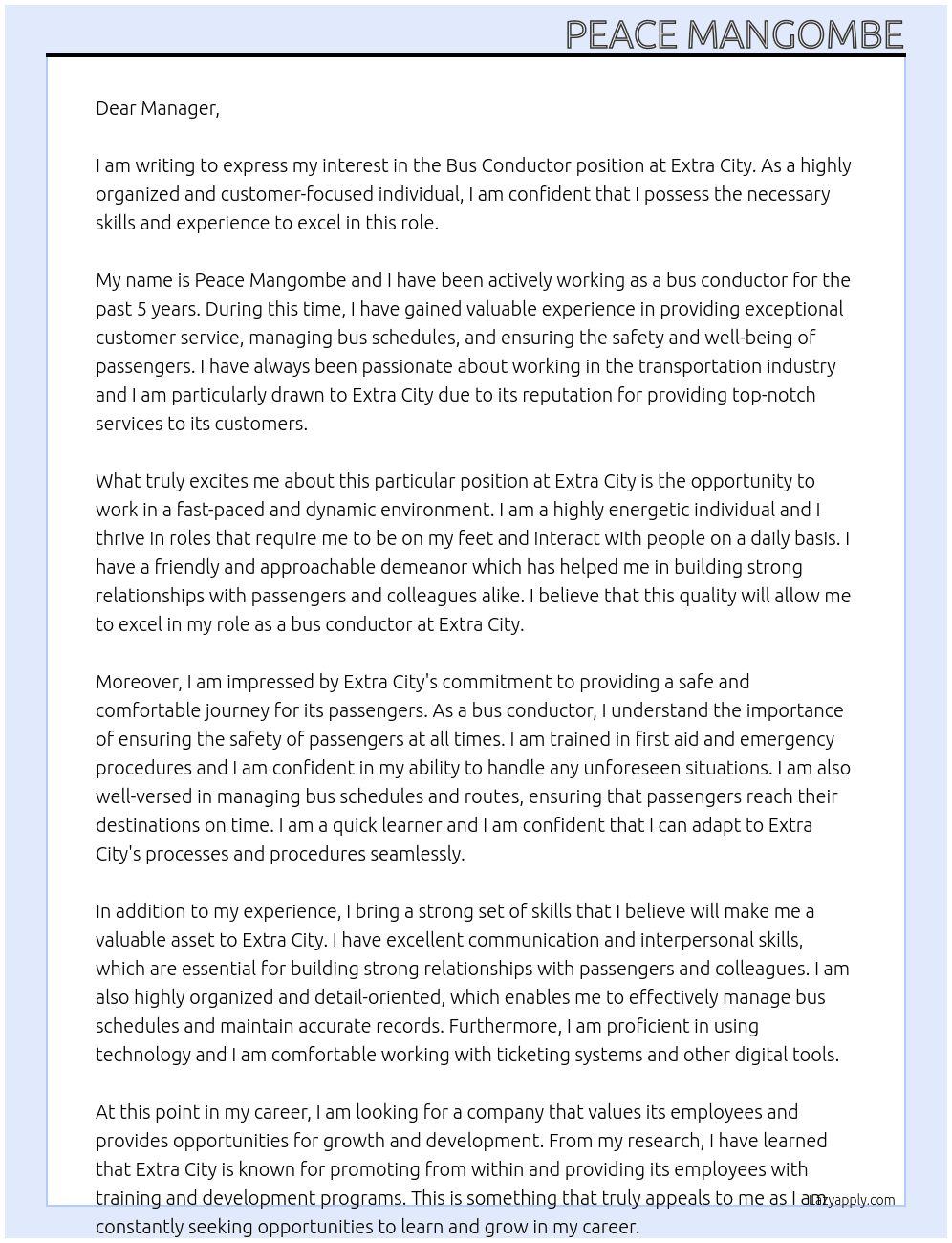 Bus conductor At Extra city  Cover Letter