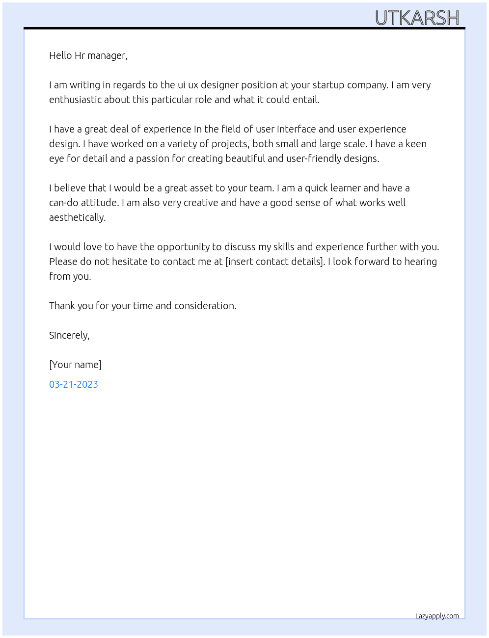 ui ux designer At startup Cover Letter