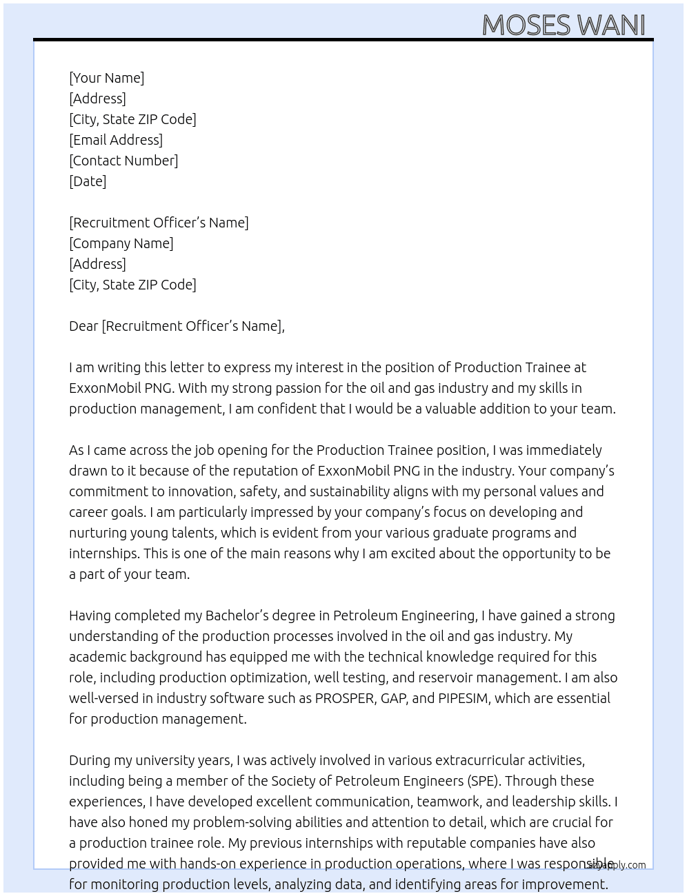 Production trainee At ExxonMobil PNG Cover Letter