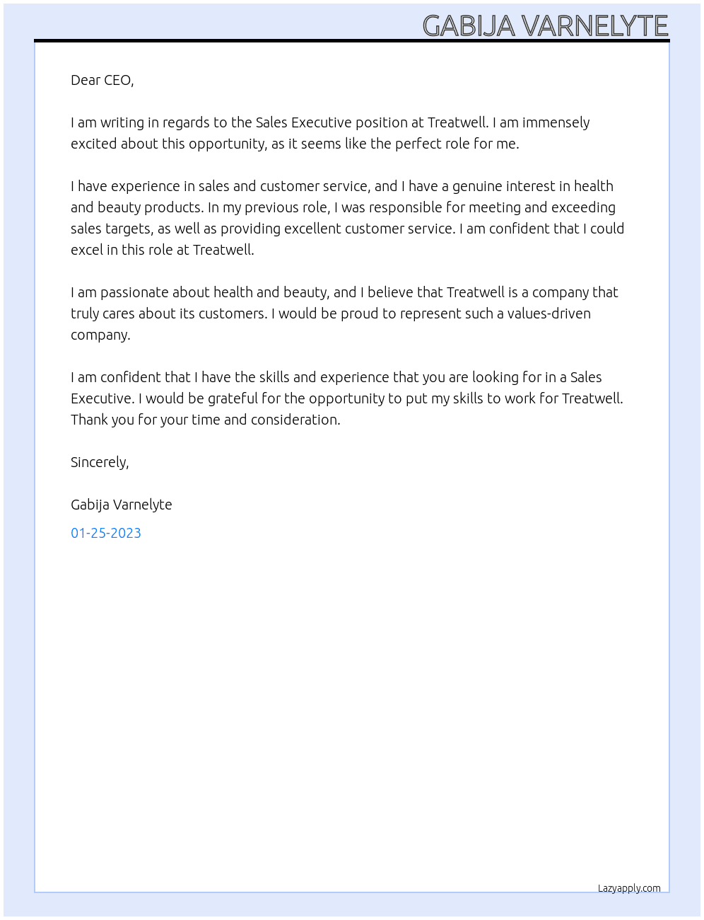 Sales executive At treatwell Cover Letter