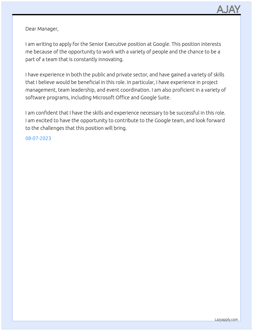 Senior executive At Google Cover Letter