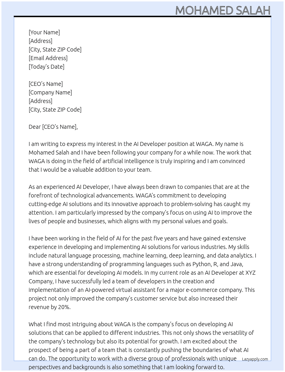 AI Developer At WAGA Cover Letter