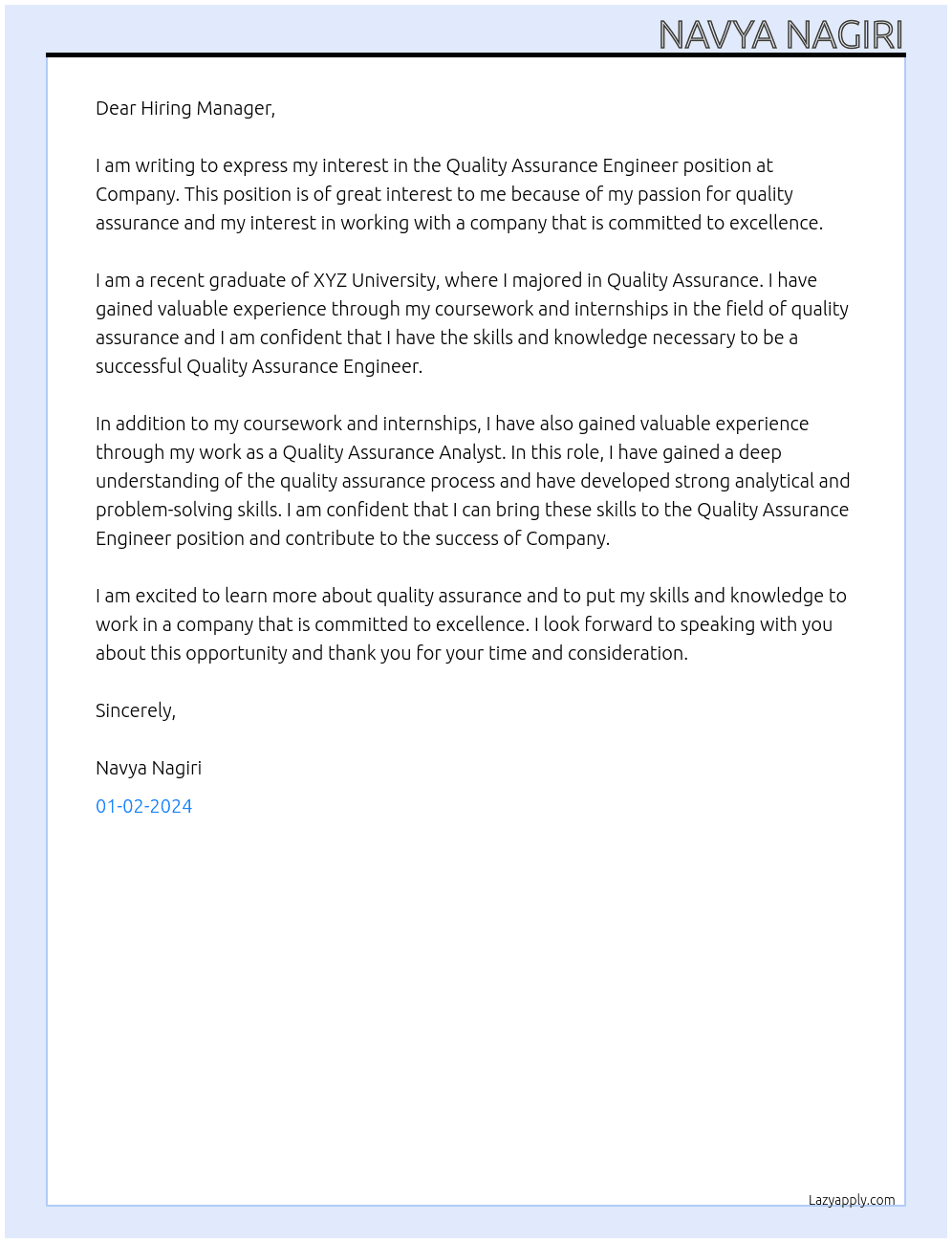 Quality assurance engineer At  Company Cover Letter