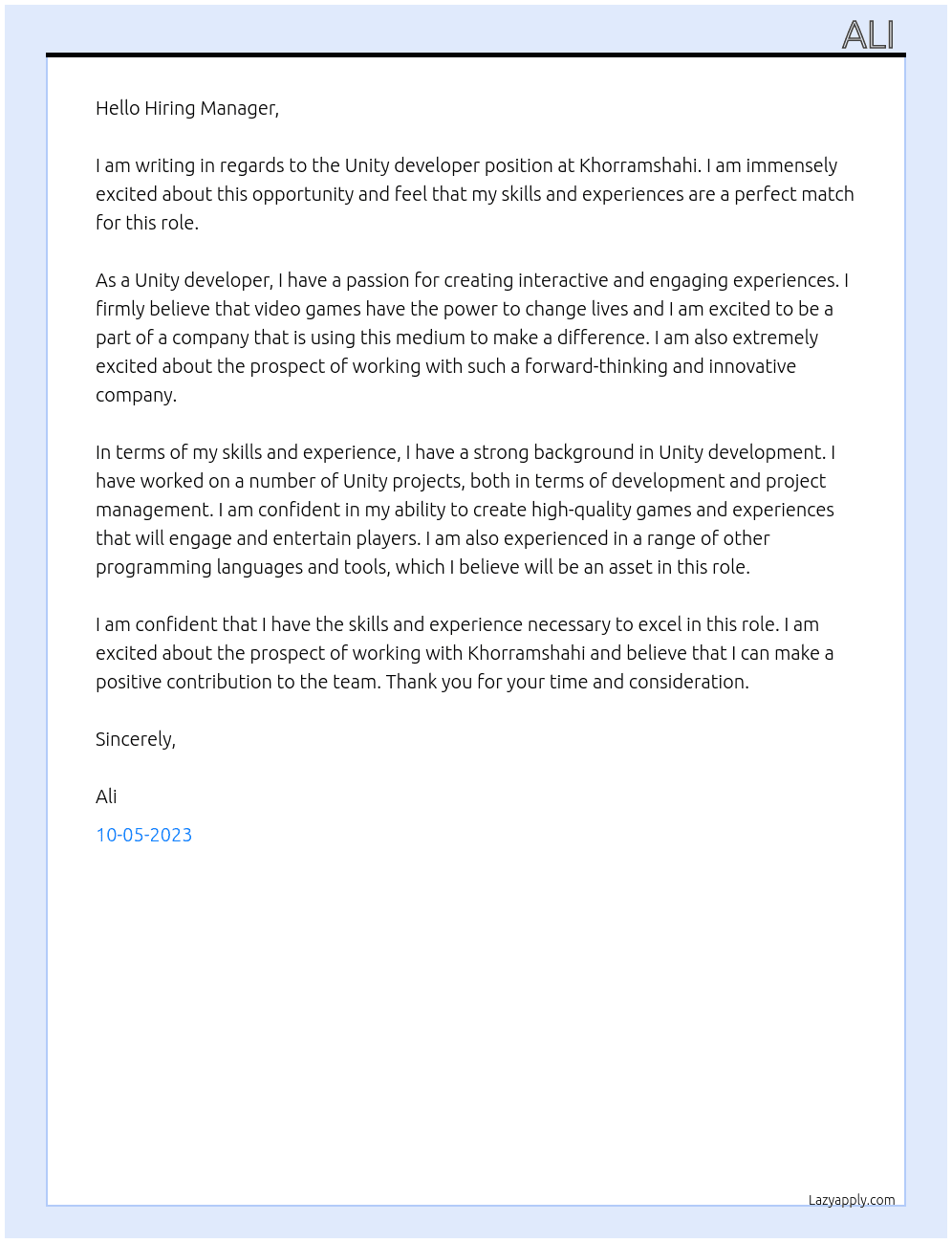 Unity developer At Khorramshahi Cover Letter