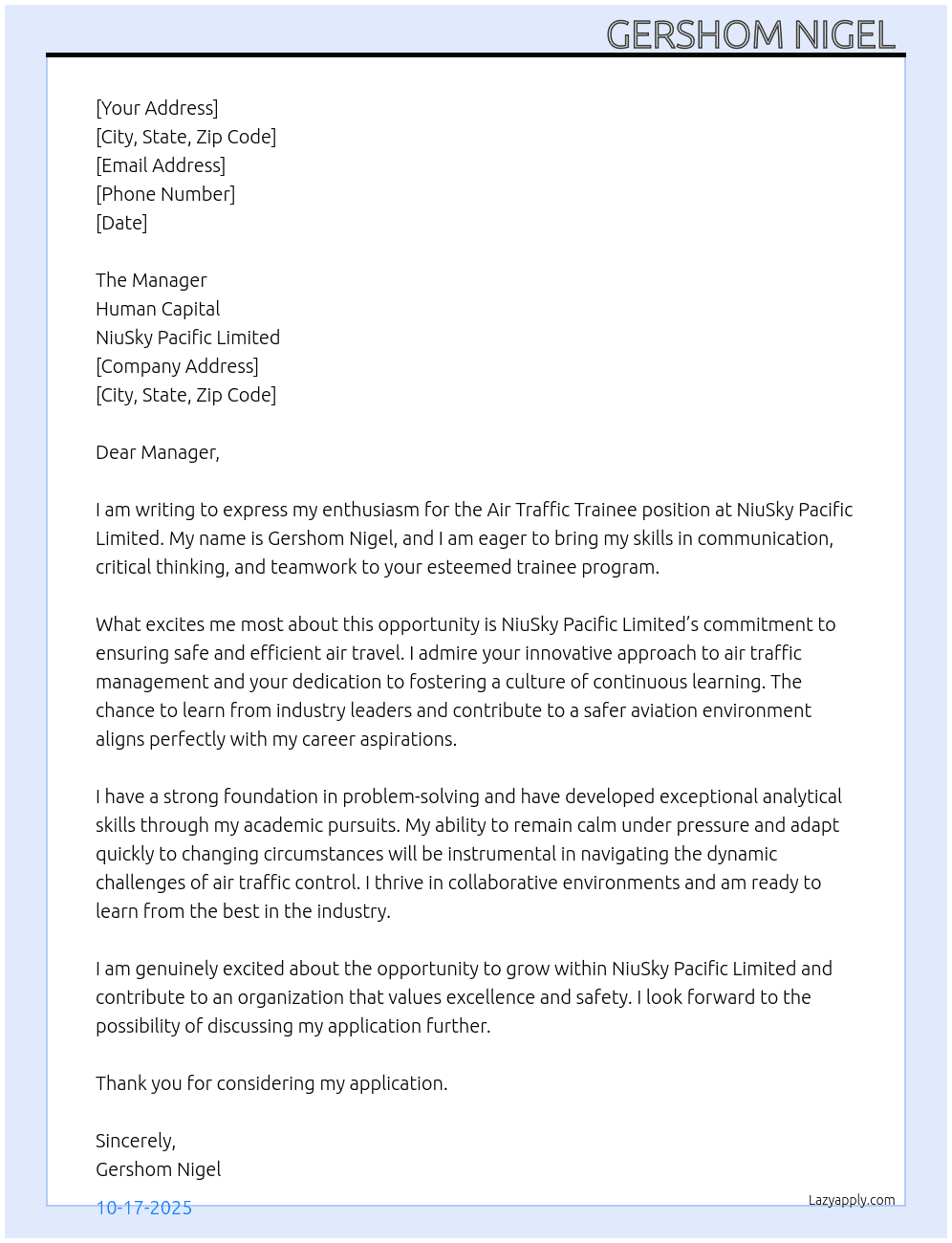 AIR TRAFFIC TRAINEE At NiuSky Pacific Limited  Cover Letter