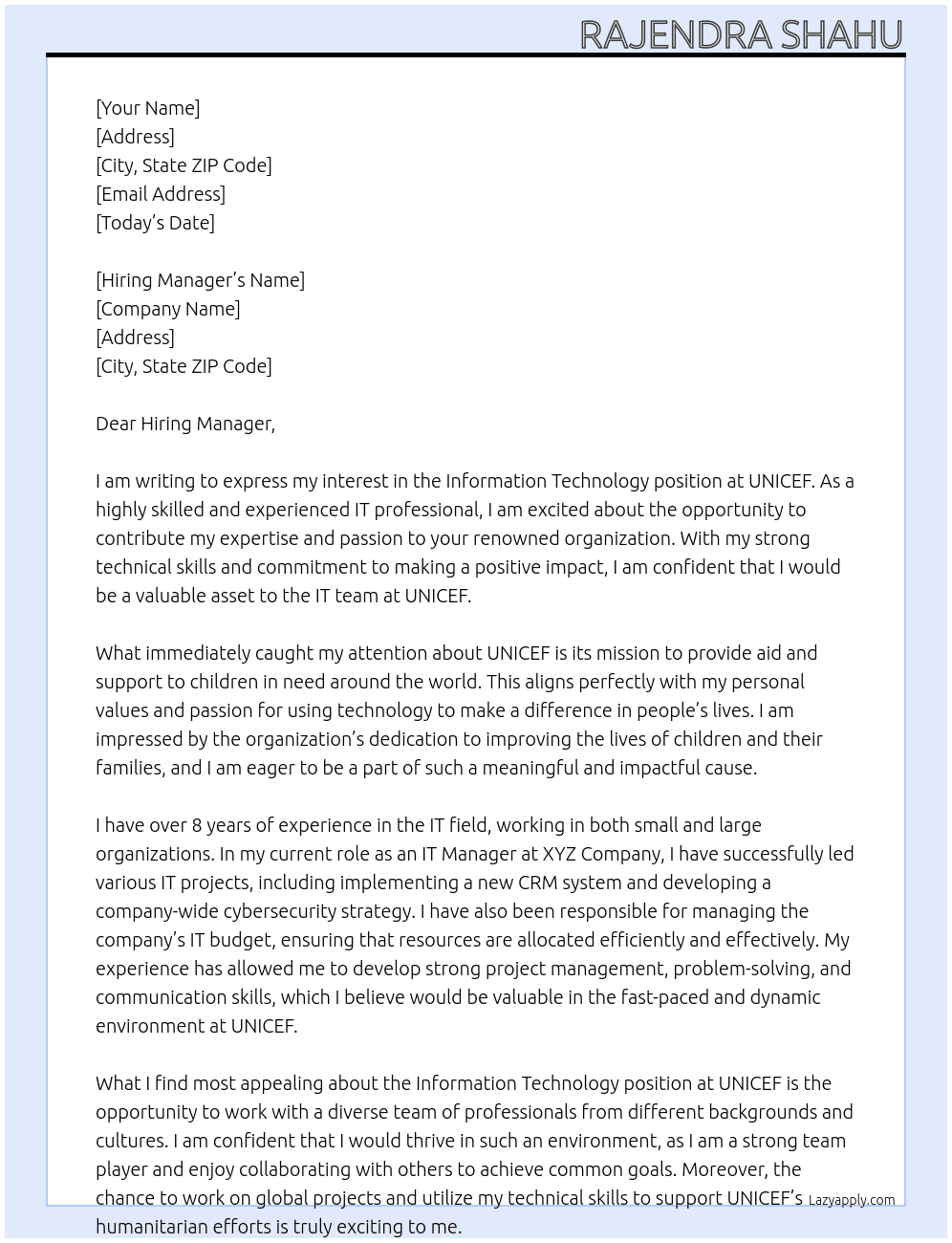 Information Technology At UNICEF Cover Letter