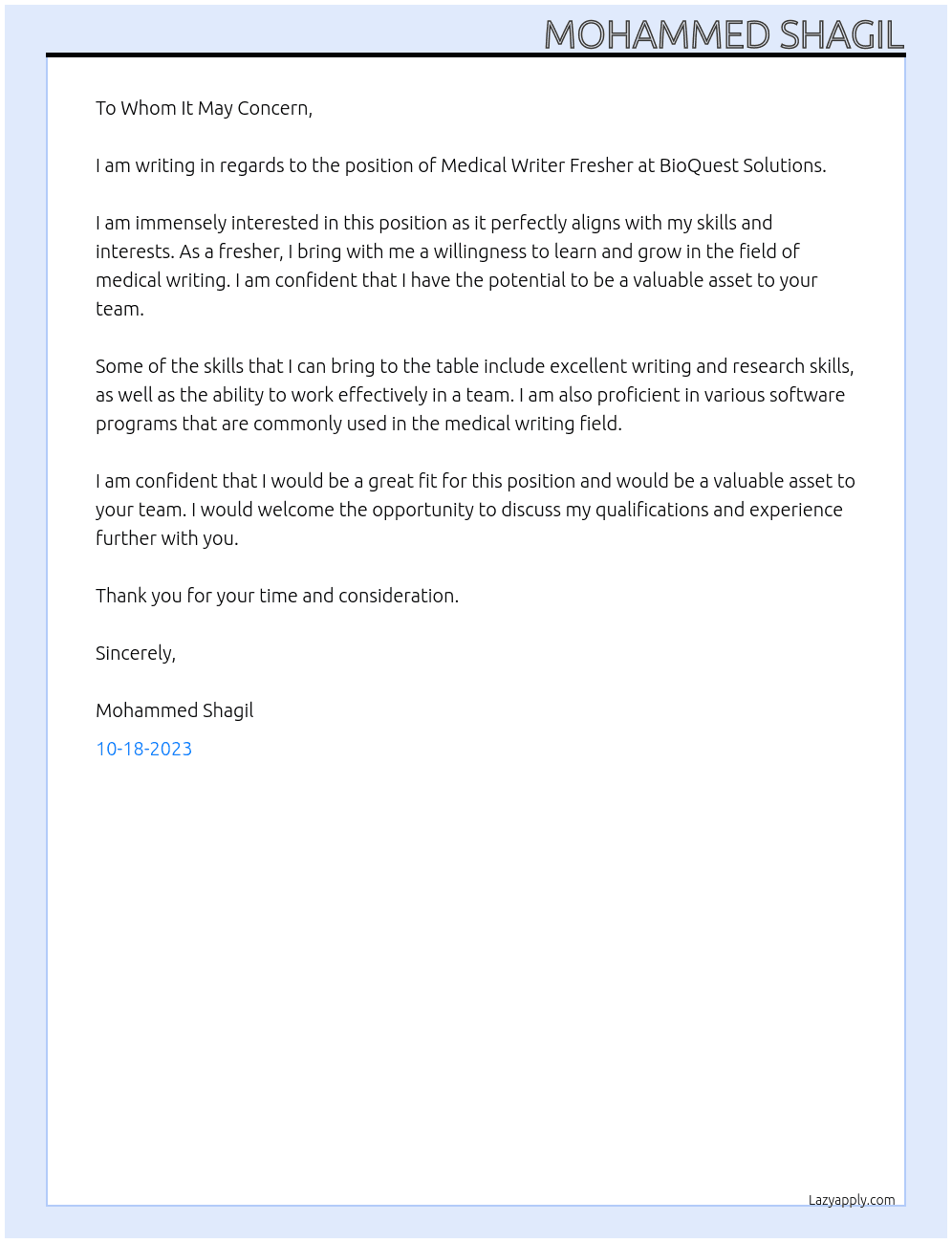 Medical Writer Fresher At BioQuest Solutions Cover Letter