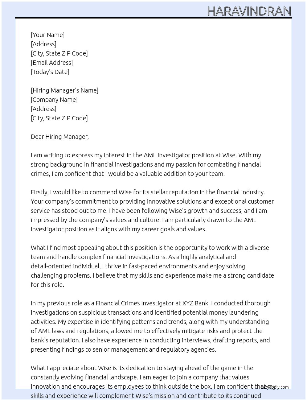 AML Investigator At Wise Cover Letter