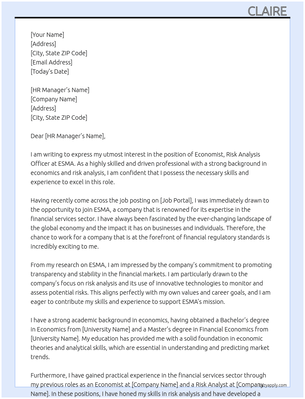 Economist, risk analysis officer At ESMA Cover Letter