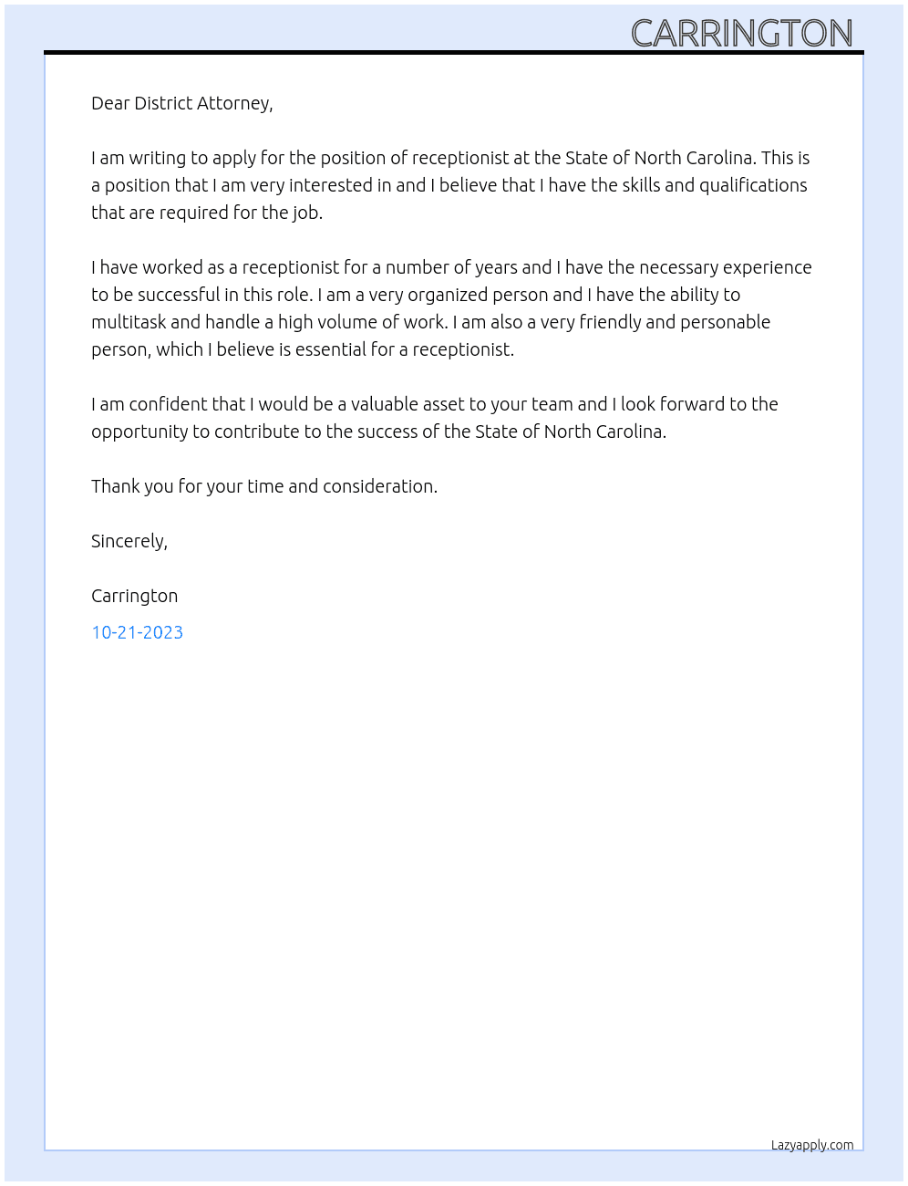 Receptionist At State of North Carolina Cover Letter