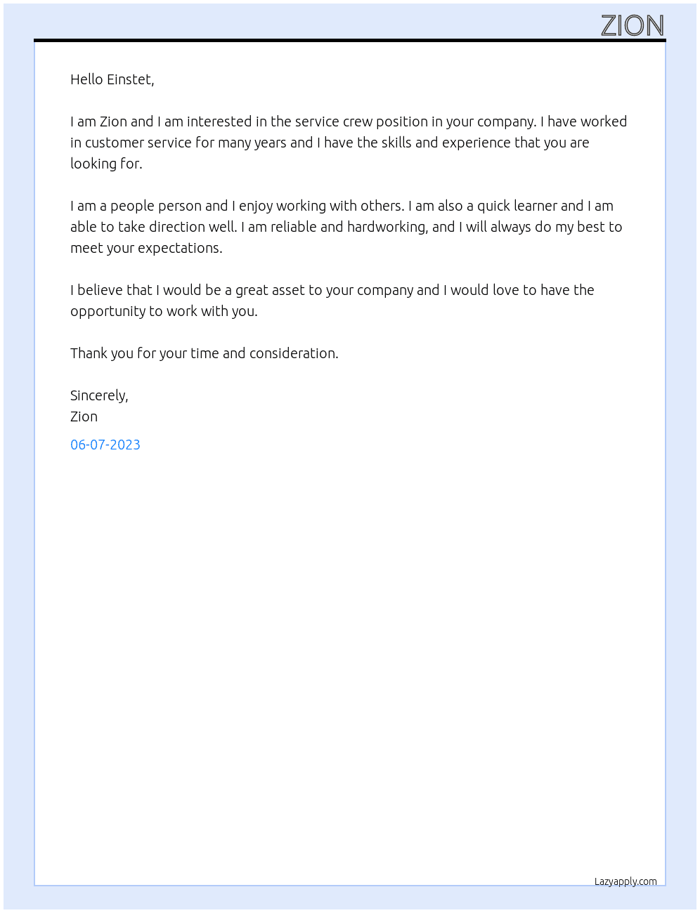 Service crew At Service Crew  Cover Letter