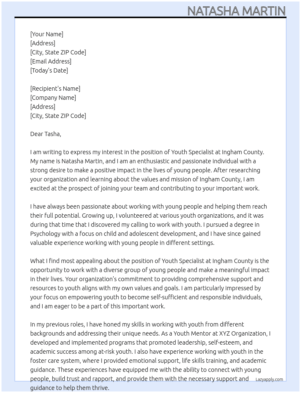 youth specialist  At Ingham County Cover Letter