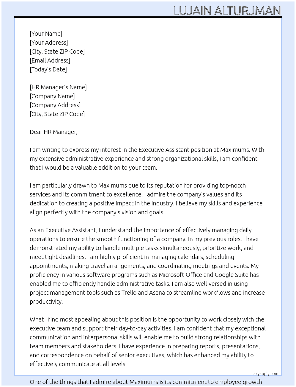 Executive Assistant   At Maximums  Cover Letter