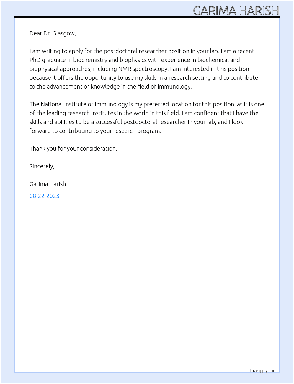 postdoctoral researcher At Glasgow Lab Cover Letter