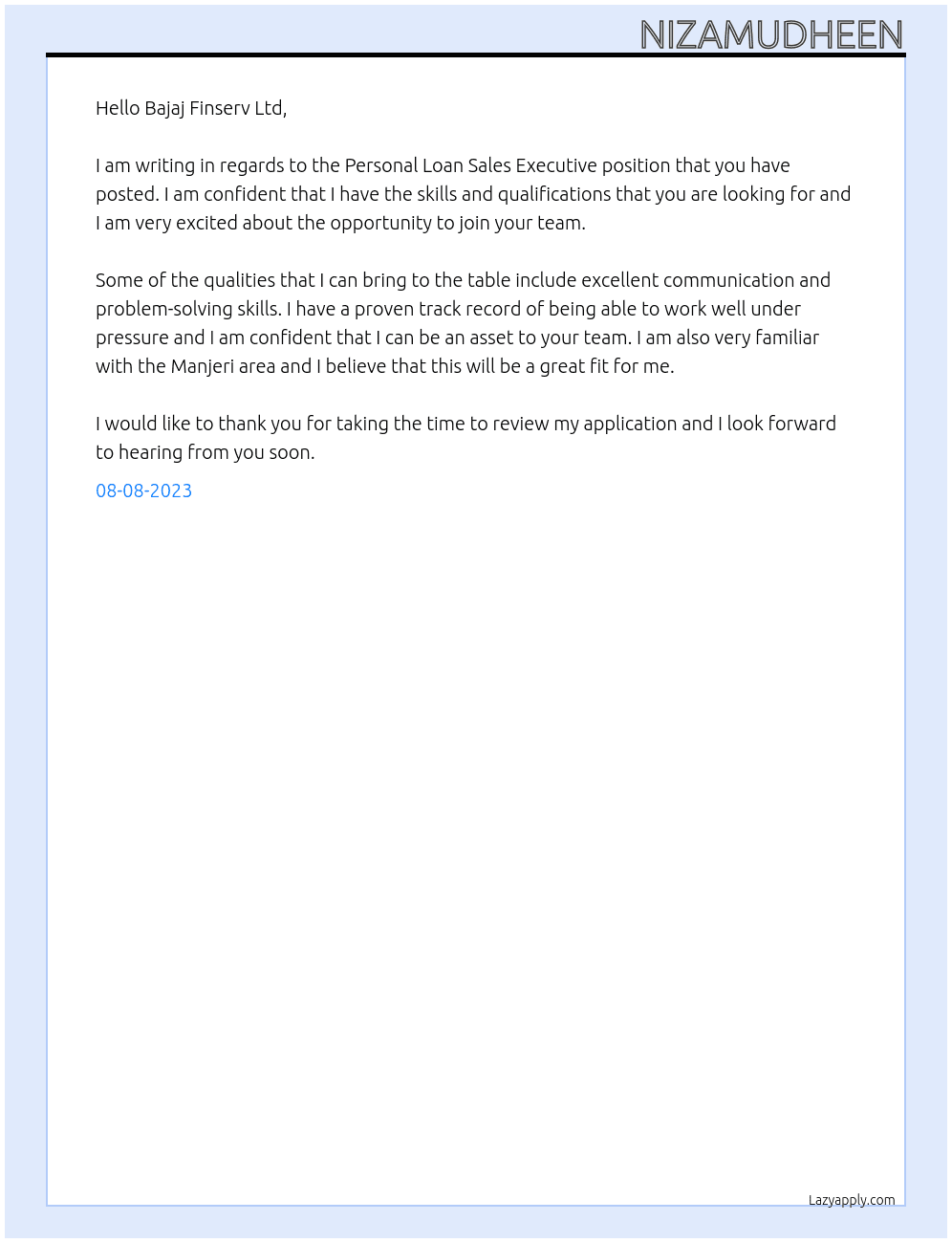 PERSONAL LOAN SALES EXICUTIVE At BAJAJ FINSERV LTD Cover Letter