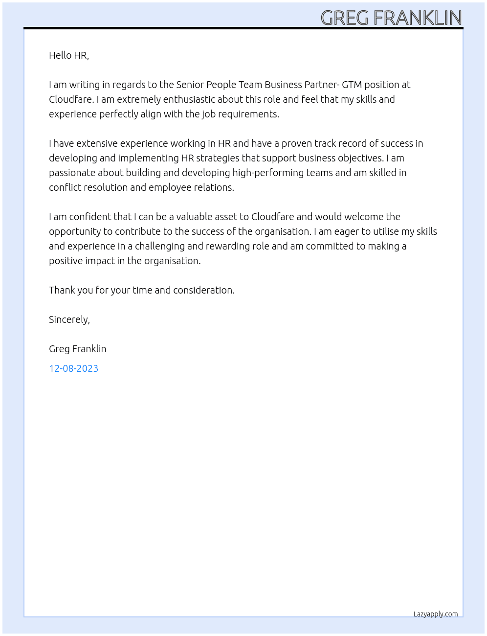 Senior People Team Business Partner- GTM At Cloudfare Cover Letter