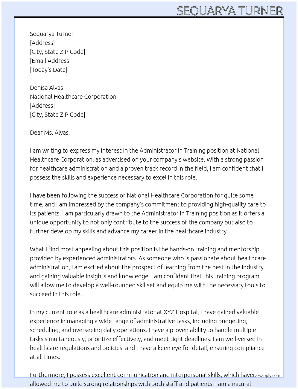 Administrator in Training At National Healthcare Corporation  Cover Letter