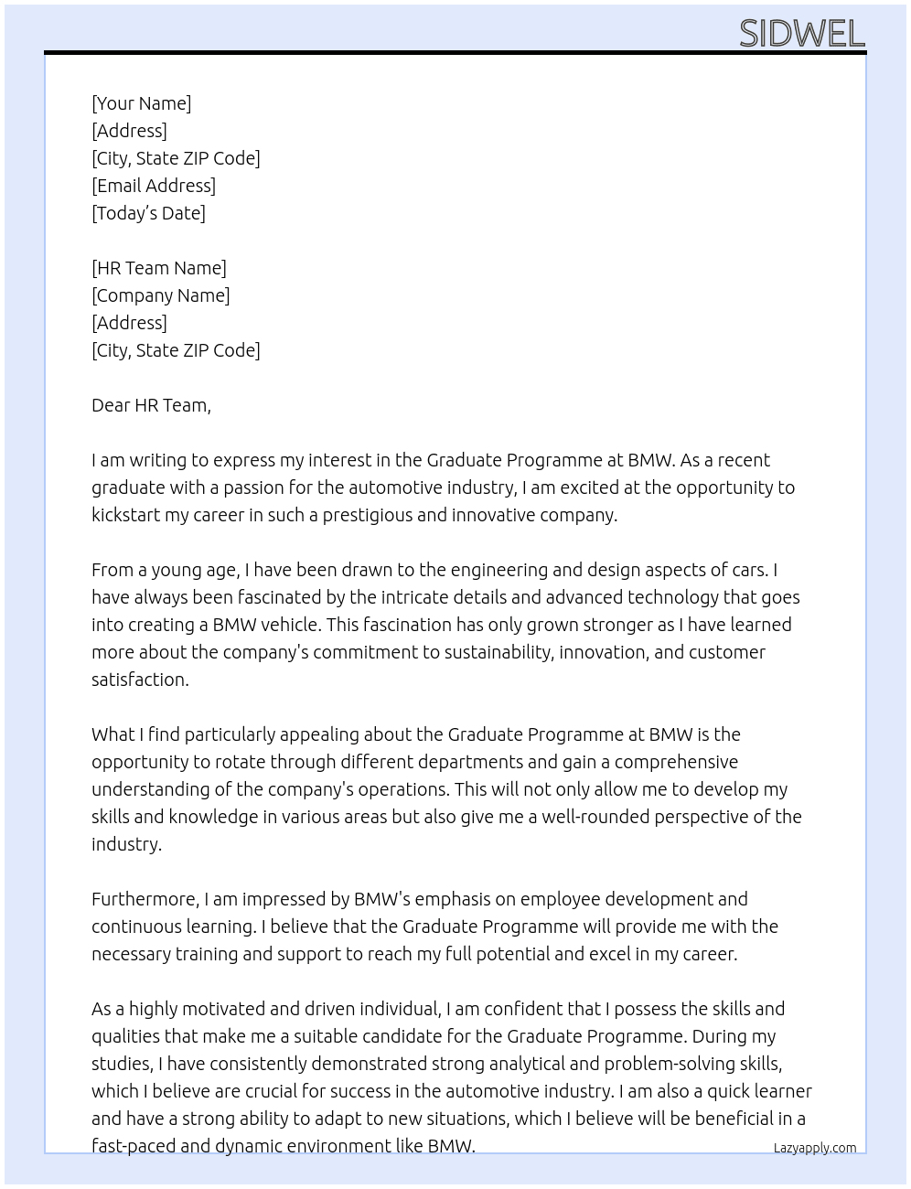graduate programme At bmw  Cover Letter