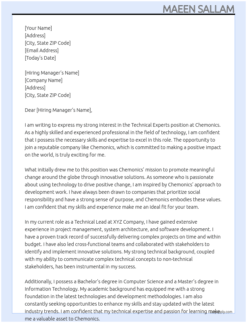 Techncial experts  At Chemonics Cover Letter