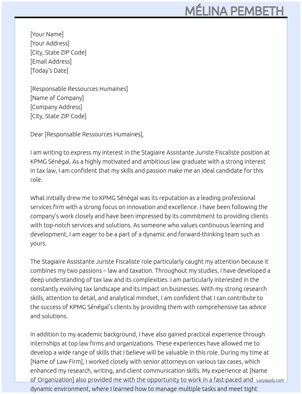 Stagiaire assistante juriste fiscaliste  At KPMG Sénégal  Cover Letter