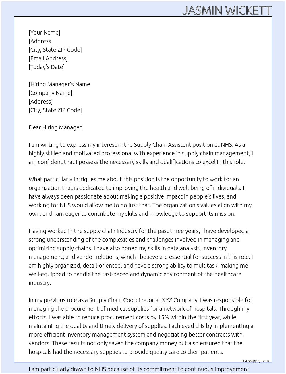 Supply Chain Assistant  At NHS Cover Letter