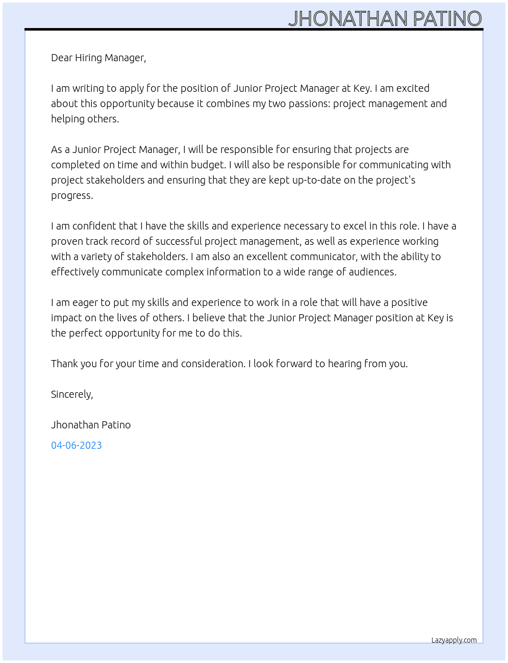 Junior project manager  At Key Cover Letter