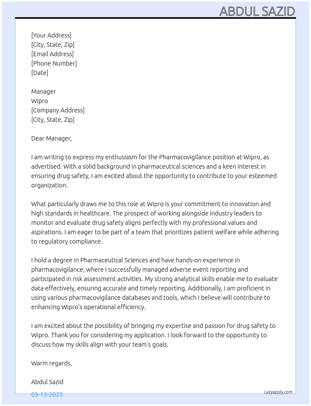 Pharmacovigilance At Wipro Cover Letter