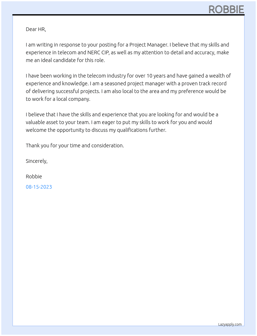 Project Manager At Powertech Labs Cover Letter