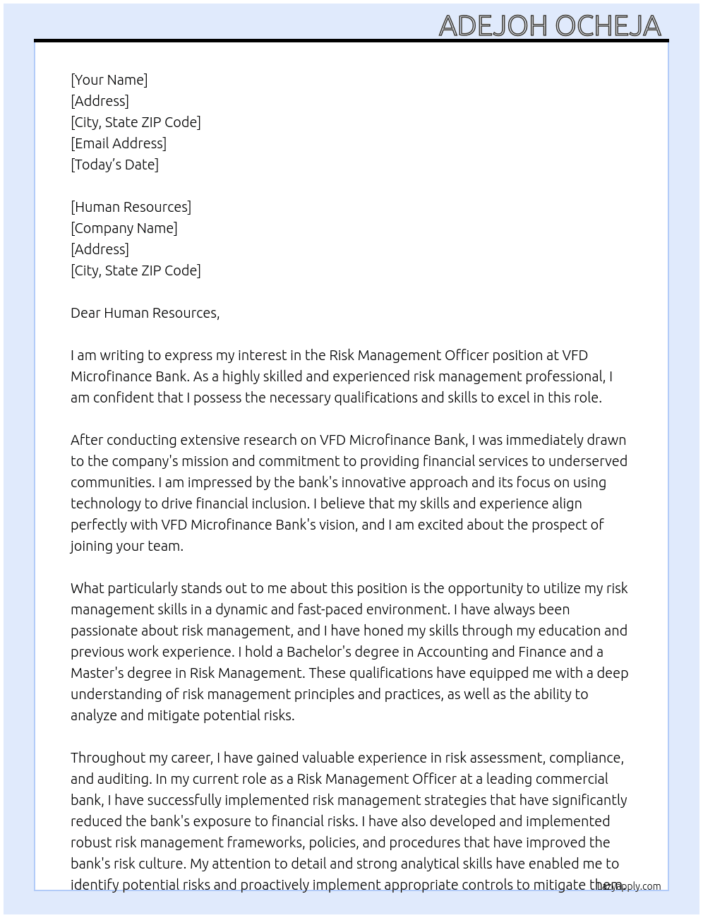 Risk Management Officer  At VFD Microfinance Bank  Cover Letter