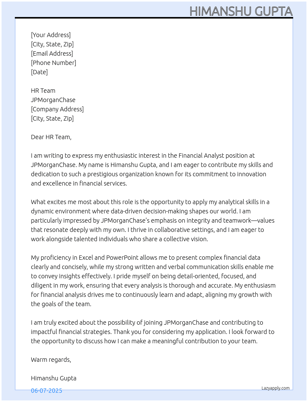 Financial Analysis - Analyst At JPMorganChase Cover Letter