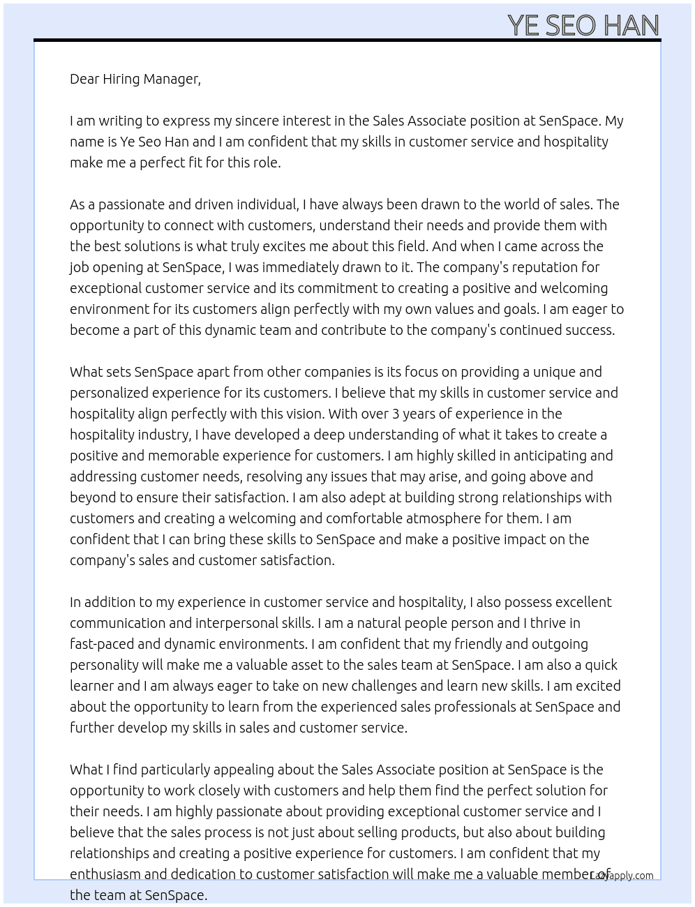 sales associate At SenSpace Cover Letter