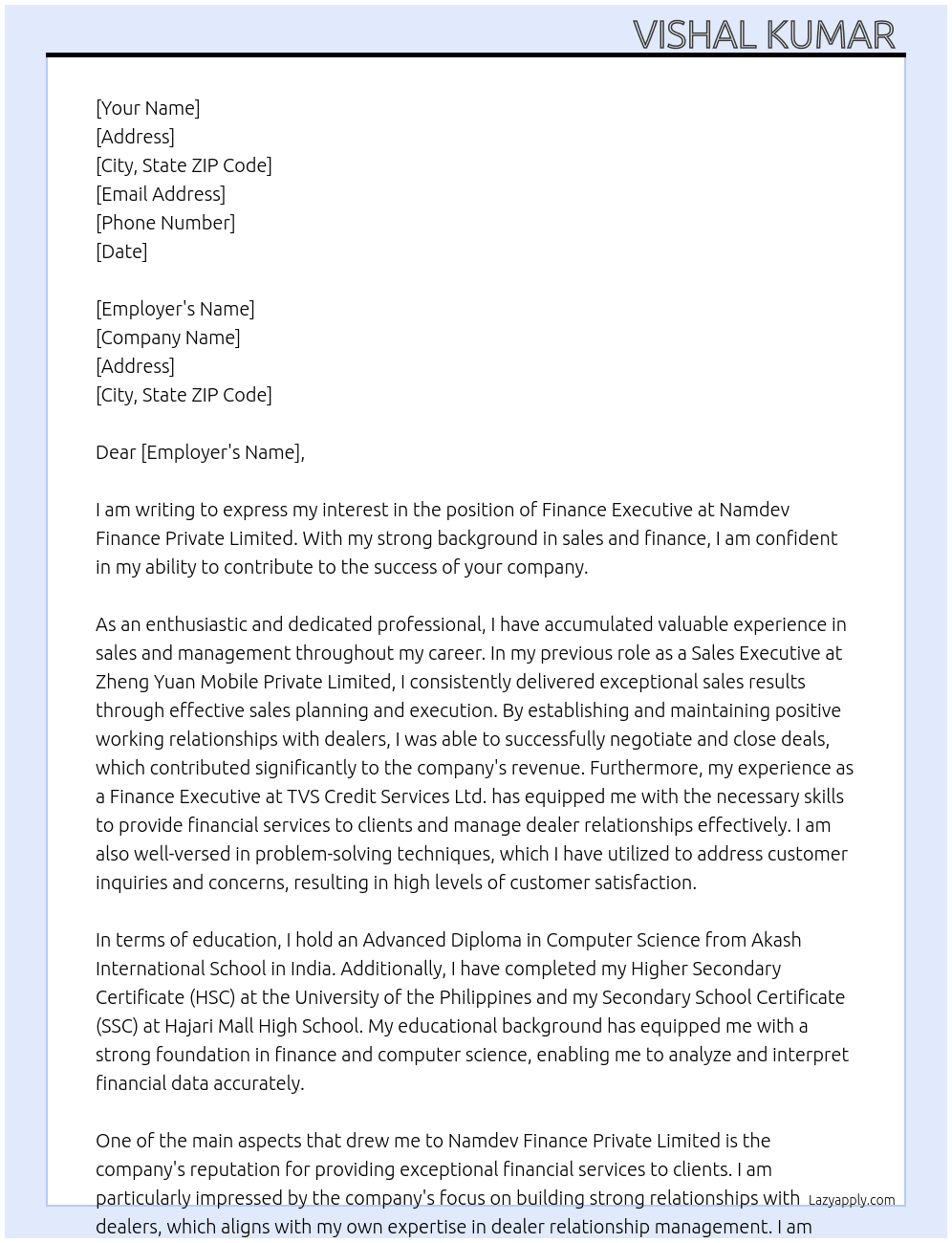 Finance executive  At Namdev finance privet limited  Cover Letter