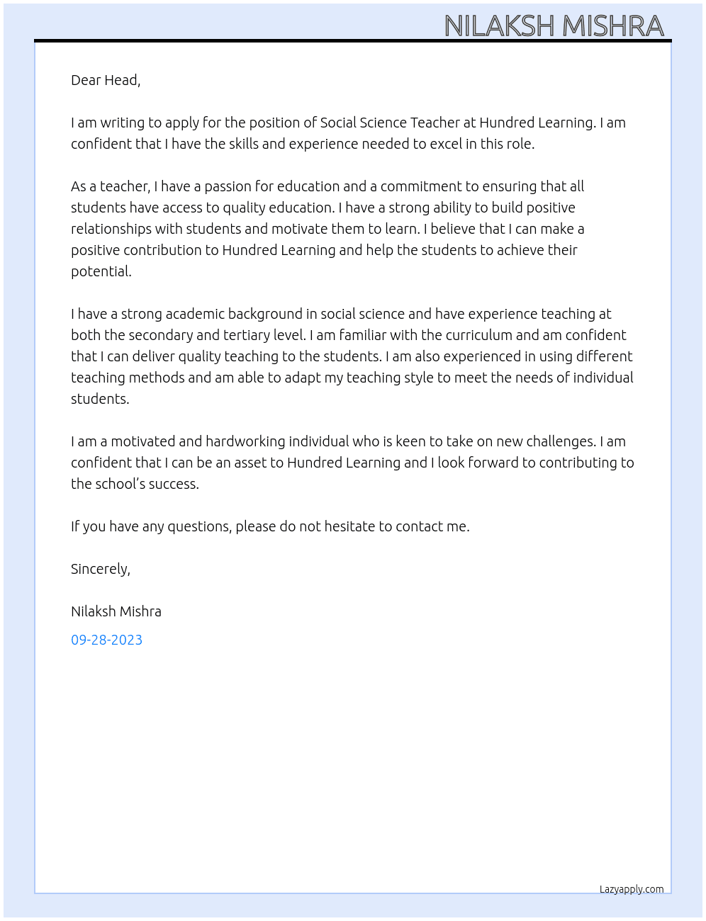 Social science teacher  At Hundred learning  Cover Letter