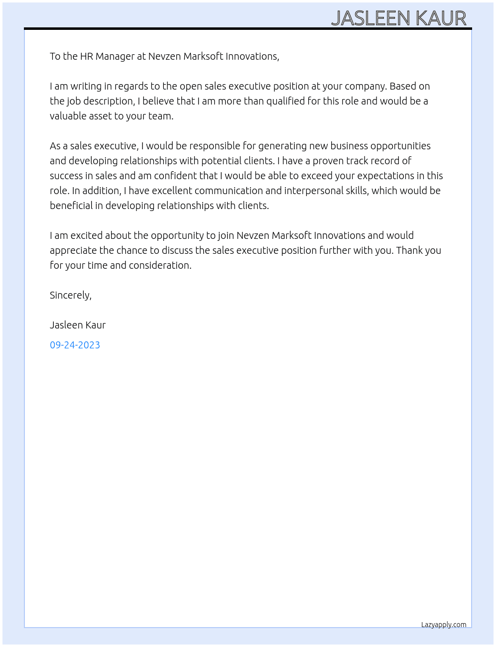sales executive  At Nevzen Marksoft Innovations Cover Letter