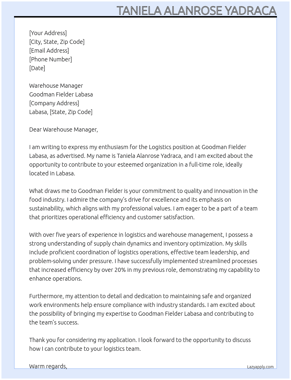 Logistics At Goodman fielder Labasa  Cover Letter