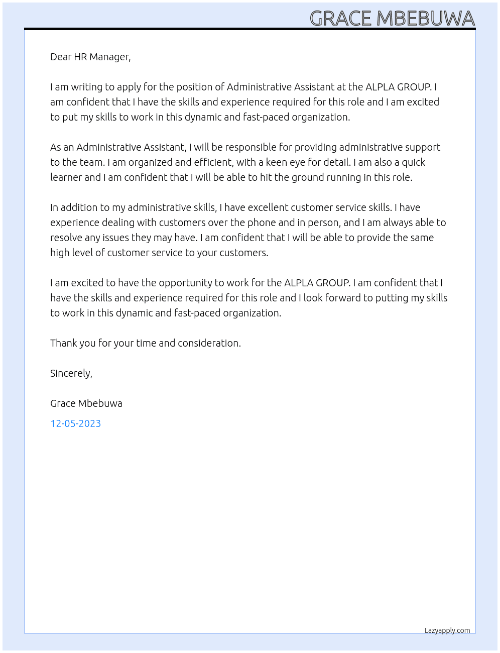Administrative Assistant At ALPLA GROUP Cover Letter