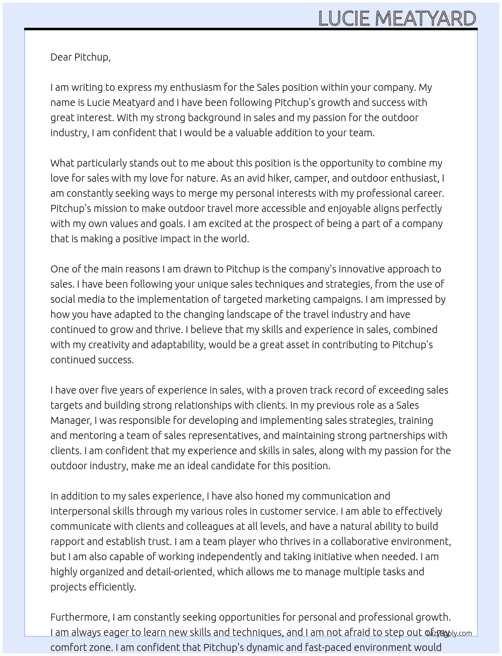 Sales  At Pitchup  Cover Letter