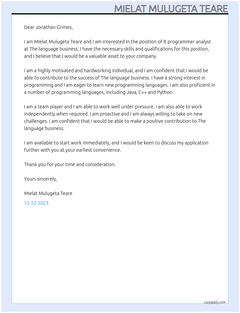 It programmer analyst  At The language business Cover Letter