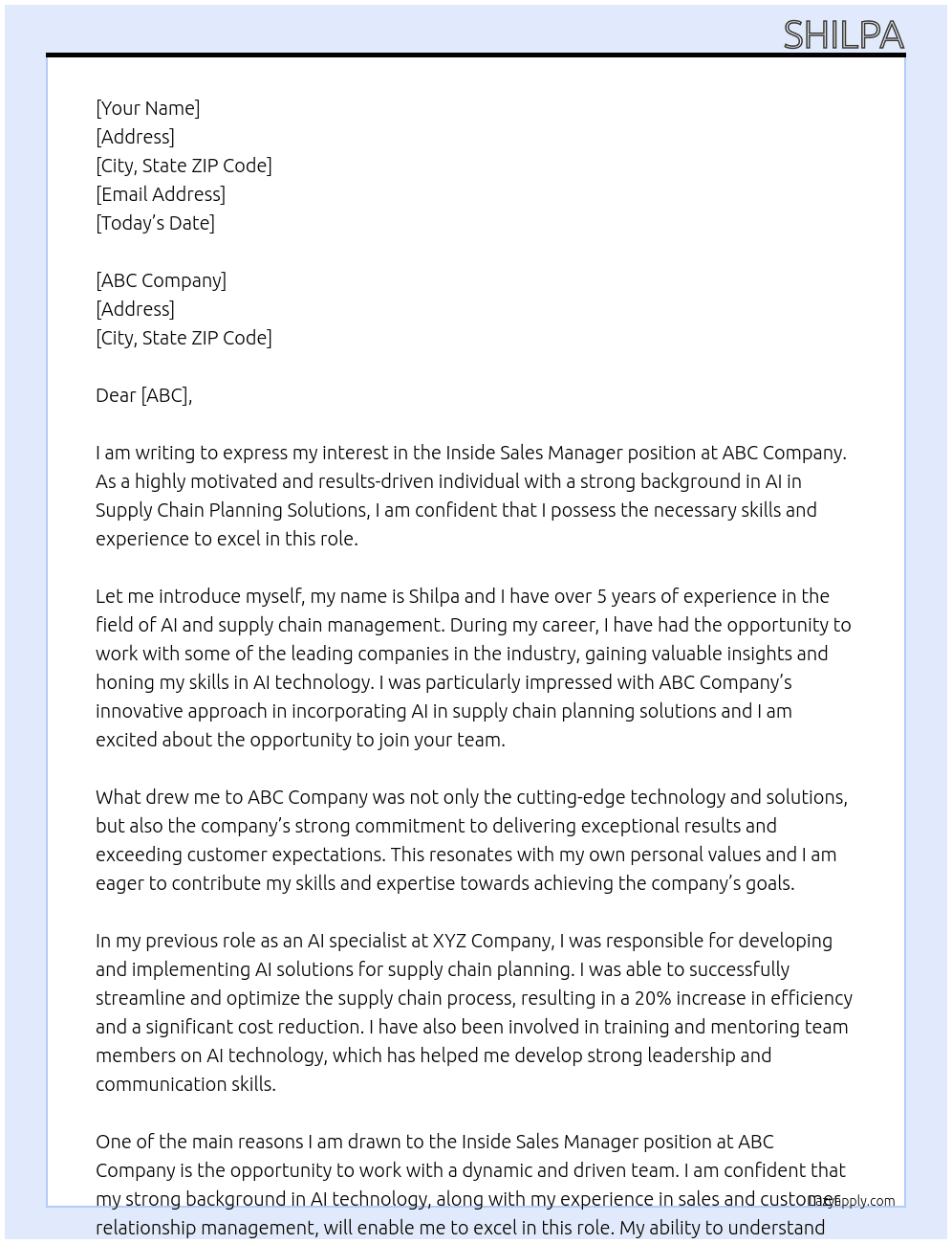 Inside Sales Manager At ABC Cover Letter